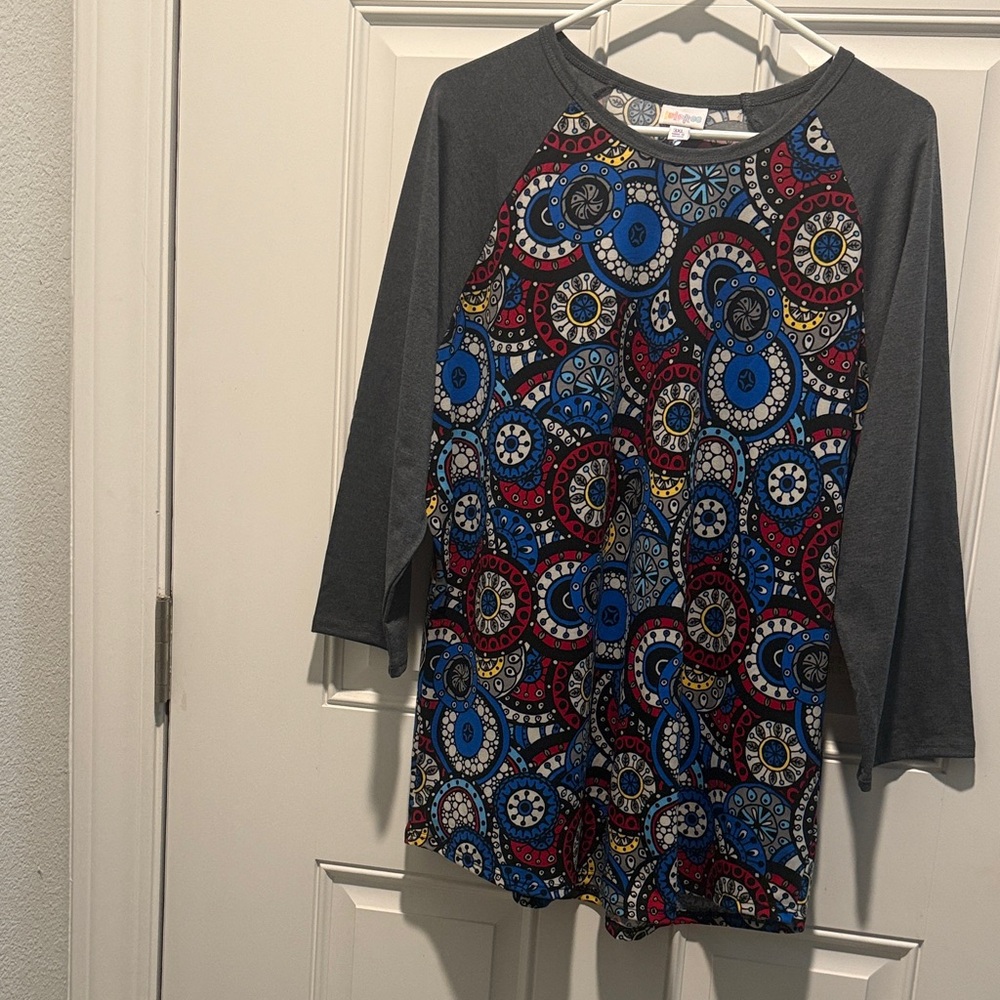 2 for $10 LuLaRoe SAVE! Gray Raglan Top with Blue and Yellow Accents